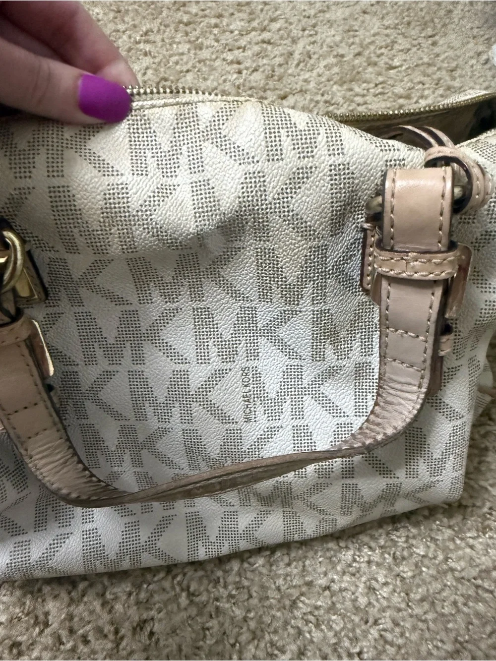 Michael Kors Cream Logo Satchel with Tan Leather Trim